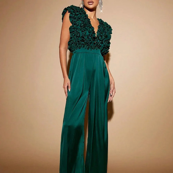 Green Party Women's Plunging Neck Ruffle Wide Leg Jumpsuit - Picture 4 of 6